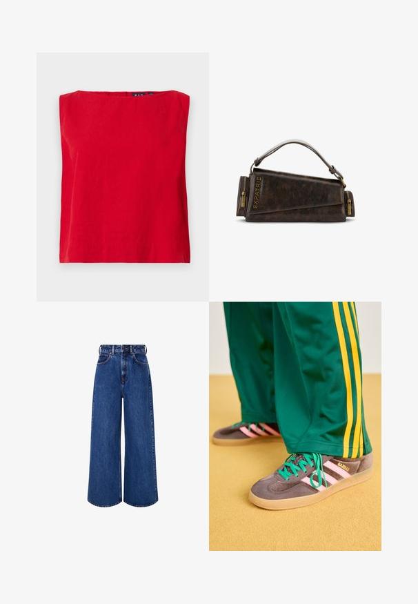 Červený top s krátkým rukávem a čtvercovým výstřihem, vyrobený z lehké bavlny, s hladkou texturou a rovnými okraji.; Modré bavlněné tričko s krátkými ohrnutými rukávy, kulatým výstřihem a hladkou strukturou. Jednoduchý design, bez vzorů nebo akcentů.; Džíny s širokým nohavicím v tmavě modré barvě. Vyznačují se vysokým pasem, kontrastním šitím, předními kapsami a zapínáním na knoflík.; Šedé semišové tenisky s růžovými pruhy a zelenými tkaničkami. Lehká guma na podrážce. Nosené s zelenými tepláky s žlutými bočními pruhy.; Hnědá kožená kabelka s geometrickým designem, vybavená horním uchy a mosaznými zipovými detaily. Logo je vyraženo na boku.