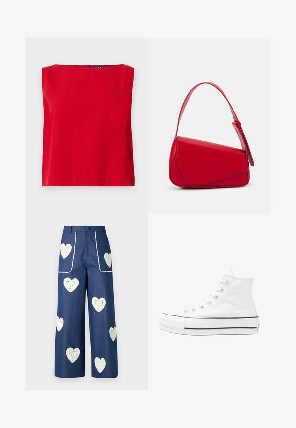 Rotes kurzärmliges Oberteil mit quadratischem Ausschnitt, aus leichtem Baumwollstoff, mit glatter Textur und geradem Saum.; Sister Jane HEART TO HEART - Jeans Straight Leg - blue denim; Weiße hochwertige Leinensneaker mit schwarzer Gummisohle, vorderem Gummizehenschutz und sechs Ösen für Schnürsenkel, die ein sauberes, minimalistisches Design aufweisen.; Rote Lederhandtasche mit einem kantigen, geometrischen Design. Verfügt über einen verstellbaren Schulterriemen und einen Klappenverschluss mit genähten Details.