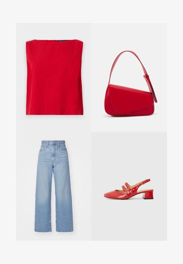 Sarkanais īsajām piedurknēm tops ar kvadrātveida kakla izgriezumu, izgatavots no viegla kokvilnas, ar gludu faktūru un taisnu apakšmalu.; Gaiši zili augstās jostas vidukļa platās bikses ar priekšējo pogu un rāvējslēdzēju, priekšējām un aizmugurējām kabatām uz baltā fona.; Sarkana laku pēda slingback kurpe ar norādītu purngalu, divu siksnu dizains ar apaļiem akcentiem un zemu bloku papēdi.; Sarkans ādas rokassomi ar stūrainu, ģeometrisku dizainu. Iekļauj vienu regulējamu siksnu un vāku ar izšūtu detaļu.