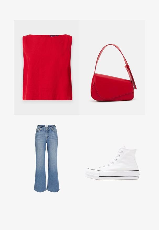 Červený top s krátkým rukávem a čtvercovým výstřihem, vyrobený z lehké bavlny, s hladkou texturou a rovnými okraji.; Světle modré džínové zvonové kalhoty s vysokým pasem, které mají přední kapsy, zipový kloup a jemné vyblednutí. Švy jsou viditelné podél okrajů.; Bílé vysoké plátěné tenisky s černou gumovou podrážkou, přední gumovou špičkou a šesti očky na tkaničky, se čistým, minimalistickým designem.; Červená kožená kabelka s ostrým, geometrickým designem. Má jeden nastavitelný popruh a klopu s prošívanými detaily.