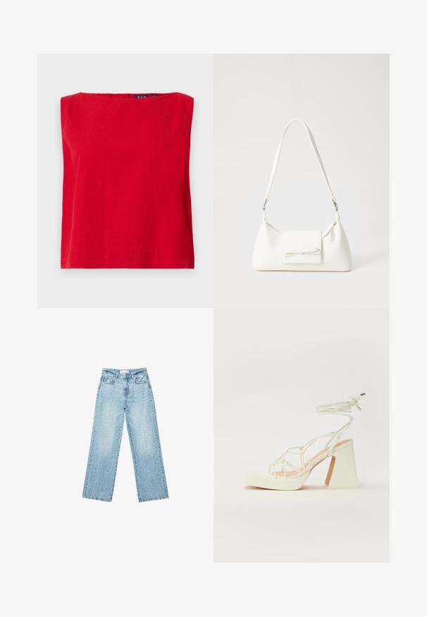 Rdeča majica s kratkimi rokavi in kvadratnim izrezom, izdelana iz lahkotne bombažne tkanine, z gladko teksturo in ravnim robom.; Svjetloplave široke traperice s visokim strukom, s izblijedjelim pranjem i malim, raštrkanim oštećenjima po cijelom dijelu.; Bela sandala na visokih petah s debelim petam, ki ima obliko trakcev in vezanje okoli gležnja. Gladka tekstura z platformo spredaj za dodatno višino.; Bela sintetična torbica v obliki trikotnika, z ravnim sprednjim poklopcem in detajlom mašne, nastavljivim trakom, gladko teksturo in minimalističnim dizajnom.