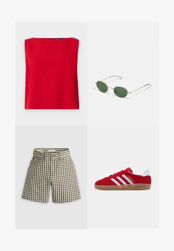 Rotes kurzärmliges Oberteil mit quadratischem Ausschnitt, aus leichtem Baumwollstoff, mit glatter Textur und geradem Saum.; Braun-weiß karierten Shorts mit Knopfverschluss, zwei Fronttaschen und einer lockeren Passform. Hergestellt aus gewebtem Stoff mit einer glatten Textur.; Rote Wildleder-Sneaker mit weißem Dreistreifen-Design und goldenem "Gazelle"-Schriftzug. Besitzt eine Gummisohle und eine strukturierte Ferse.; Sonnenbrille mit goldenem Rahmen, grünen ovalen Gläsern und dünnen Metallarmen. Verfügt über klare Kunststoffspitzen an den Armen für zusätzlichen Komfort.