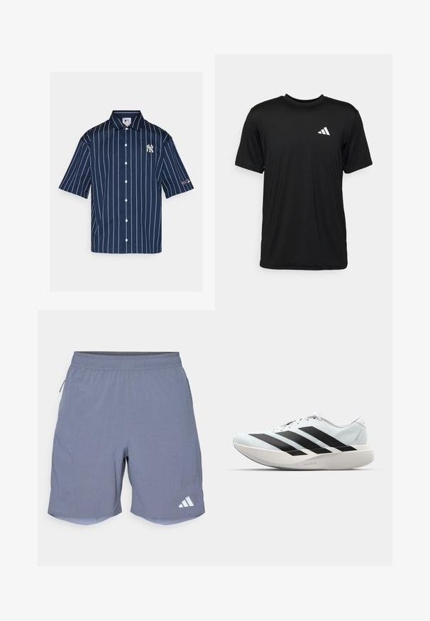 Champion MLB SHIRT - Overhemd - dark blue; Zwarte T-shirt met korte mouwen, gemaakt van lichtgewicht, vochtafvoerend materiaal. Bevat een wit logo op de bovenste linkerkant van de borst.; adidas Performance Korte broeken - onix; Lichte hardloopschoenen in lichtblauw met zwarte strepen. Beschikt over een soepele bovenkant, ronde neusstuk en dikke witte tussenzool met het label "LIGHTSTRIKE PRO."