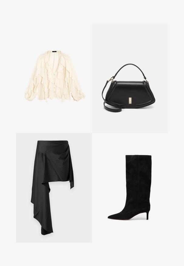 Massimo Dutti FLOWING GARMENT WITH RUFFLES - Camicia - beige; Gonna avvolgente nera realizzata in tessuto liscio e leggero. Presenta un orlo asimmetrico e dettagli arricciati in vita per una silhouette fluida.; Stivale alto in suede nero con punta affusolata e tacco a stiletto sottile. Presenta cuciture minime e una superficie liscia in tutto il suo corpo.; Borsa a mano in pelle nera con un design strutturato, caratterizzata da una forma corta, manico superiore e accessori in metallo dorato. Inclusa tracolla regolabile.