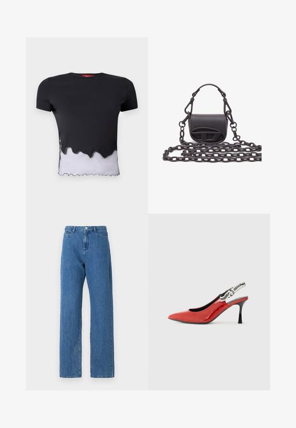Must musta t-särk lühikeste varrukatega, millel on sakiline valge äär, omades sujuvat tekstuuri. Kaelus on ümar ja kangas näib kerge.; Heledad sinine denimist valmistatud teksapüksid, millel on kõrge vöökoht, lai lõige ja klassikaline viie tasku disain. Kangas omab õrna tekstuuri.; Küpsetatud punast lakknahast slingback-sandaali terava ninaga, musta kandiga ja dekoratiivse kangast rihmaga, millel on korduv logo muster.; Väike must käekott, mis on valmistatud siledast nahast, ümar kuju, esipaneelil logo aktsent ja tekstureeritud kett.