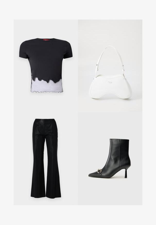 T-shirt nero a maniche corte con orlo bianco frastagliato, caratterizzato da una texture liscia. Il colletto è rotondo e il tessuto appare leggero.; Pantaloni a zampa nera realizzati in un tessuto liscio e lucido. Presentano una vita aderente e sottili righe verticali per texture e dettagli.; Stivale alla caviglia in pelle nera con punta affusolata, tacco sottile di media altezza e dettaglio in fibbia argentata sul lato, su sfondo semplice.; Borsa bianca con superficie liscia e lucida, forma curva e una sola tracolla regolabile. Presenta un logo impresso sul davanti.