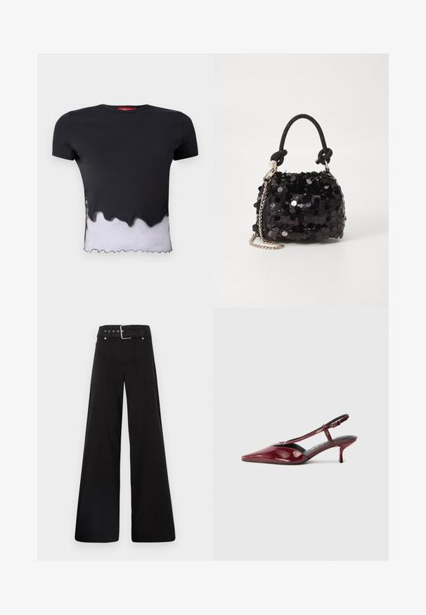 Sort t-shirt med korte ærmer og en takkede hvid kant, der har en glat tekstur. Udhulningen er rund, og stoffet ser let ud.; Sorte brede bukser lavet af bomuld, med høj talje, store sidelommer og en bæltestrop med sølvfarvede detaljer.; Glansende burgunderlæder sko med spids tå, kitten heel og slingback-design, med T-strop og sølv spænde på hvid baggrund.; Sort pailette mini håndtaske med en knyttet struktureret rem og sølv kæde. Rund form med samlet top og reflekterende detaljer.