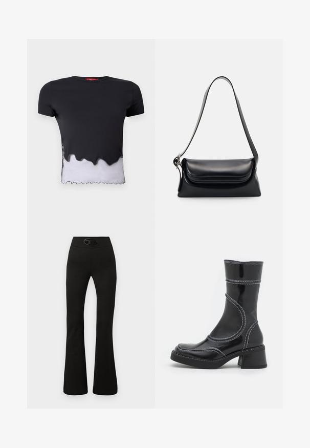 Črna kratka majica s kratkimi rokavi z nazobčanim belim robom, ki ima gladko teksturo. Ovratnik je okrogel, material pa izgleda lahkoten.; Črne razširjene hlače z gladko teksturo in širokim pasom, ki spredaj vsebuje sijoč ovalni logotip.; Črne lakirane gležnjarje z belim šivom, okroglo konico in blok peto. Imajo ukrivljene oblikovne črte in gladko teksturo.; Črna usnjena torbica z oblikovano strukturo, gladko teksturo in eno naramnico. Opremljena je z diskretnim, zaobljenim pokrovom.