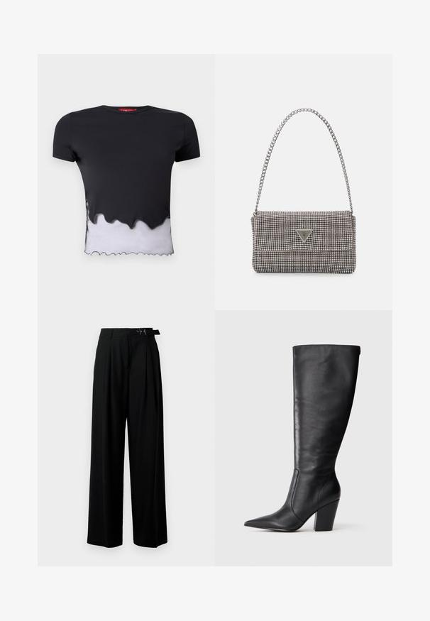 Čierne tričko s krátkym rukávom a zúbkovaným bielym lemom, s hladkou textúrou. Výstrih je okrúhly a látka sa zdá byť ľahká.; Čierne široké nohavice s vysokým pásom, skladmi vpredu a opaskom s prackou. Vyrobené z hladkej, ľahkej textílie.; Čierna kožená čižma po kolená s špicatou špičkou a masívnym vysokým podpätkom, zobrazená v profilu zľava na bielom pozadí.; Svetlošedá metalická kabelka s reťazovým popruhom, ozdobená malými kruhovými kovovými štítkami a trojuholníkovým logom značky.