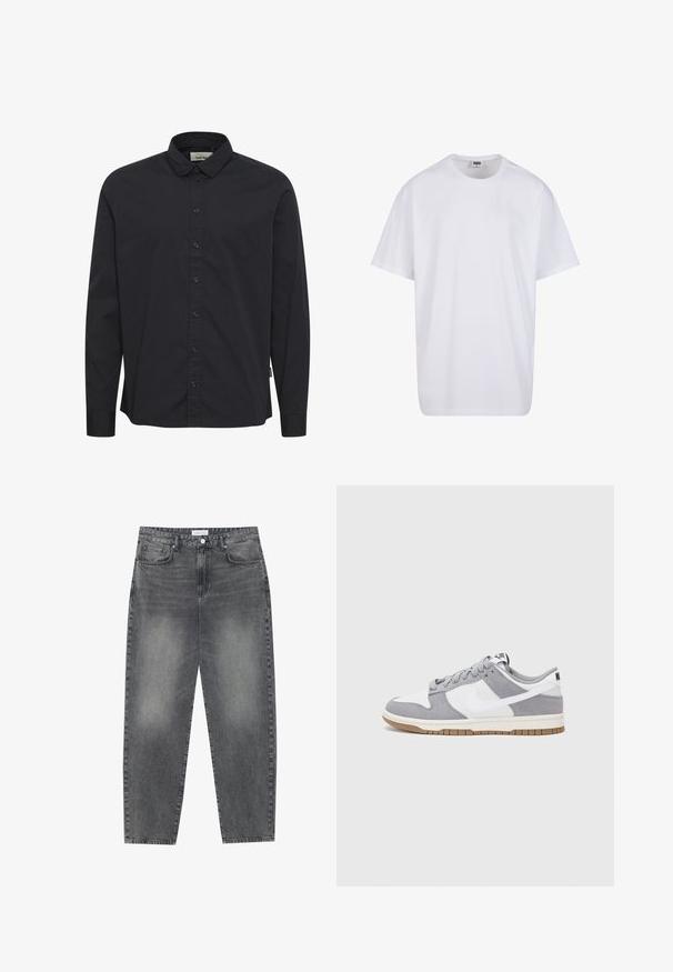 Fekete, hosszú ujjú, pamut ing gombos gallérral, elülső gombos záródással és egy kis oldalsó címkével. Simító textúra.; Fehér pamut póló rövid ujjal, kerek nyakú, laza szabású, és nincsenek látható logók vagy minták. Simább textúra és minimalista dizájn.; Magasan szabott, bővebb szabású farmernadrág fakó fekete denim anyagban. Öt zsebbel, övhurkokkal és tiszta, egyenes lábszár dizájnnal rendelkezik.; Szürke és fehér sportcipő, velúr és bőr felsőrésszel, kerek orral, lapos fűzőkkel és gumitalppal, amelyen rágógumi színű díszítés található.