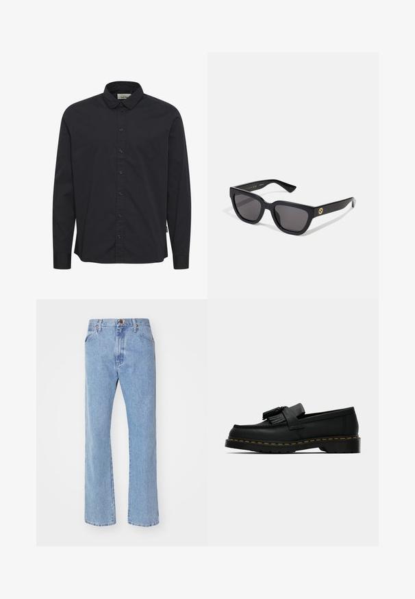 Svart langermet skjorte laget av bomull med knapp-åpen krage, frontknappstolpe og et lite sidemerke. Glatt tekstur.; Lyseblå denimjeans med høyt liv, rett ben-design og frontlommer. Har kobberdetaljer og subtile slitasjespor.; Svart lær loafer med dusk, gult søm langs sålen, og en tykk, rillede gummisåle.; Svarte rektangulære solbriller med en blank finish, mørke linser og gullhardwaredetaljer på stangene med logo.