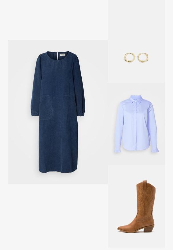 Camicia azzurro chiaro con bottoni realizzata in tessuto morbido, caratterizzata da un colletto classico e dettagli a rouches sui polsini delle maniche.; Abito in corduroy blu navy con maniche lunghe a sbuffo, scollo rotondo, due tasche anteriori e apertura a chiave sul retro. Tessuto morbido e testurizzato.; Stivale cowboy in pelle marrone chiaro con punta affusolata, modelli ricamati a spirale sull'asta e tacco a blocco impilato. Presenta una linguetta per una facile calzata.; Borsa hobo in pelle nera con un manico unico, morbido e arrotondato; presenta una texture liscia e un design minimalista. Nessun hardware o accenti visibili.; Orecchini a cerchio in oro con una forma irregolare e texture. Presentano una chiusura senza giunture e una finitura superficiale lucida, che enfatizza un design moderno.