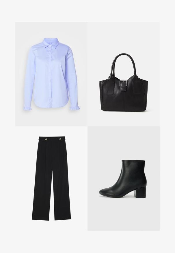 Light blue button-up shirt made of smooth fabric, featuring a classic collar and ruffle details on the sleeve cuffs.; Black wide-leg trousers with high waist, button details on waistband, and front pleats.; Black leather ankle boots with a pointed toe and a chunky heel. Smooth texture with minimal accents and a sleek, fitted design.; Black leather tote bag with smooth texture, structured shape, two handles, and a prominent silver buckle detail on the front.