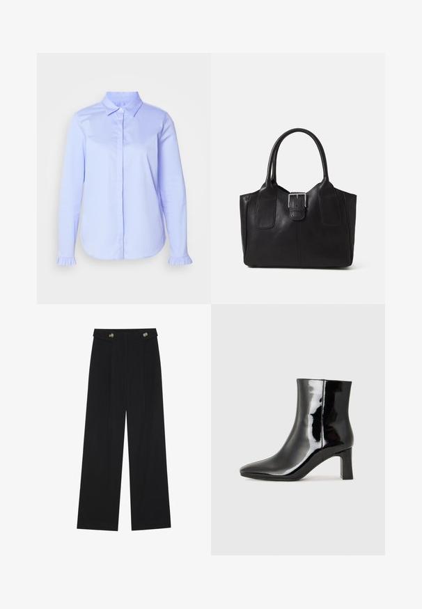 Camisa de botón azul claro hecha de una tela suave, con un collar clásico y detalles de volantes en los puños de las mangas.; Pantalones de pierna ancha negros con cintura alta, detalles de botones en la cinturilla y pliegues en la parte delantera.; Botín de charol negro con punta afilada y un tacón de bloque de altura media. Textura suave y diseño minimalista.; Bolso tote de cuero negro con textura suave, forma estructurada, dos asas y un prominente detalle de hebilla plateada en la parte frontal.