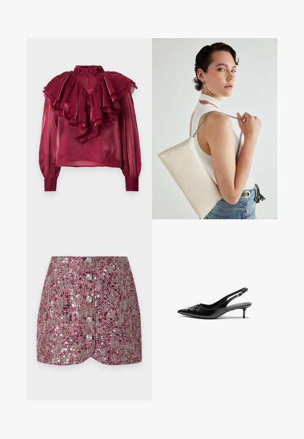 Burgundská priehľadná blúzka s vysokým volánovým golierom, dlhými rukávmi a vrstvenými volánmi cez hruď a ramená. Hladká textúra.; Ružová sukňa s flitrami a textúrovaným tkaním, vybavená priliehavým strihom a piatimi striebornými gombíkmi po celej prednej časti. Tvarovaný spodný lem a trblietavé akcenty.; Čierne kožené slingback podpätky s ostrou špičkou, malým podpatkom a dekoratívnym uzlom vpredu. Hladký povrch po celom obvode.; Biely obdĺžnikový kabelka z lesklého materiálu s strieborným reťazovým popruhom. Model predvádza kabelku na jednotnom pozadí.