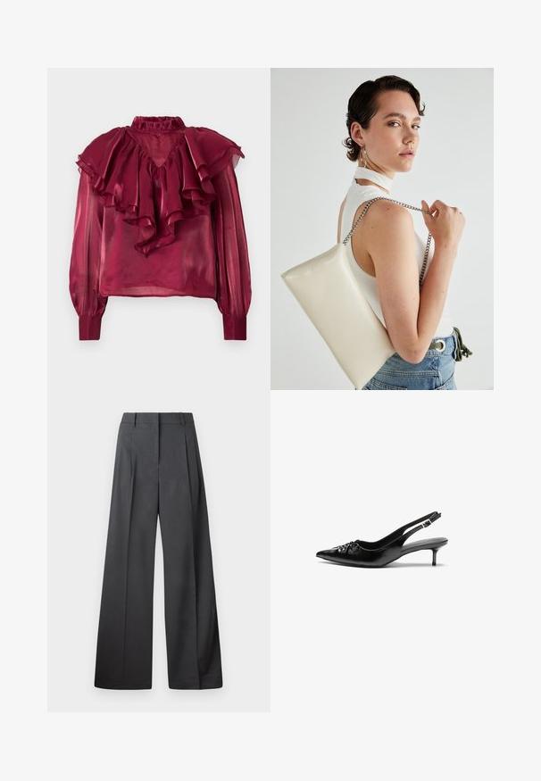 Vīnkrāsas caurspīdīga blūze ar augstu viļņotu apkakli, garām piedurknēm un kārtojumiem uz krūšu un plecu daļas. Gluda tekstūra.; Platās kājas bikses tumši pelēkā audumā, ar augstu jostasvietu, ar vienu uzpūstu vīli un gludu tekstūru ar tīru apdari ap malām.; Melni ādas sandales ar norādītu pirkstu, mazu kaķa papēdi un dekoratīvu mezglu detaļu priekšā. Gluda tekstūra visā virsmā.; Balts taisnstūra clutch soma, izgatavota no spīdīga materiāla, ar sudraba ķēdes siksnu. Modelis pozē, demonstrējot somu uz vienkārša fona.
