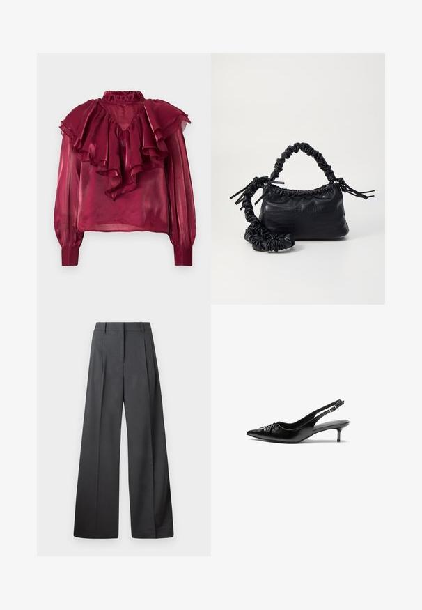 Blusa sheer burdeos con un alto cuello rizado, mangas largas y volantes en capas en el pecho y los hombros. Textura suave.; Pantalones de pierna ancha en tejido gris oscuro, con una cintura alta, pliegues simples y una textura suave con un acabado limpio en los dobladillos.; Tacones slingback de cuero negro con punta afilada, pequeño tacón kitten y un detalle de nudo decorativo en la parte frontal. Textura suave en toda la superficie.; Bolso de mano de imitación cuero negro con textura de cocodrilo, parte superior fruncida y correa arrugada. Presenta un diseño suave y compacto.