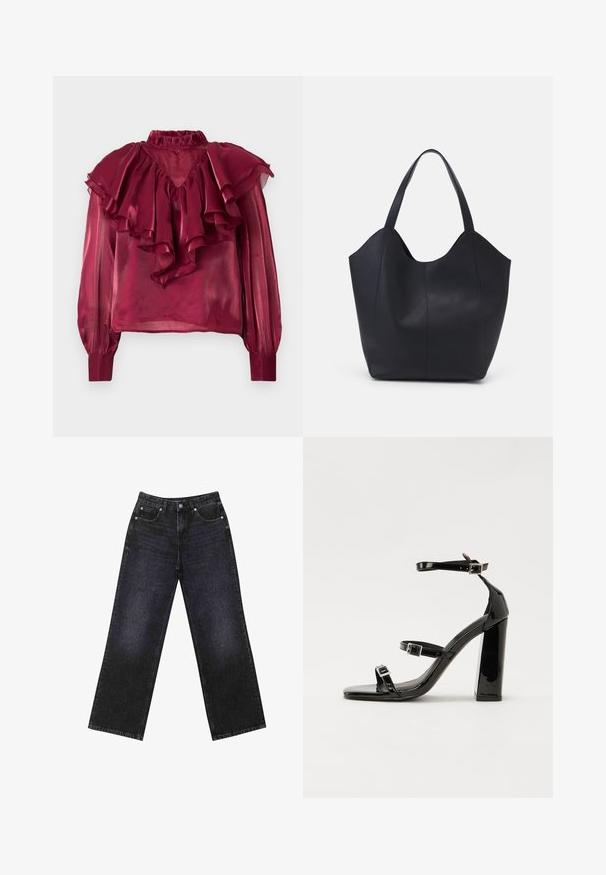 Burgunderfarbene transparente Bluse mit hohem, gerafftem Kragen, langen Ärmeln und geschichteten Rüschen über der Brust und den Schultern. Glatte Textur.; Hoch taillierte schwarze Jeans aus Denim mit weitem Bein, Fünf-Taschen-Design und sichtbaren Nähten. Der Stoff hat eine glatte, leicht strukturierte Oberfläche.; Schwarze patentierte Sandalen mit Absatz, quadratischer Spitze, Knöchelriemen und silbernen Schnallen. Mit einem stabilen Blockabsatz für mehr Stabilität.; Schwarze Tote-Bag aus glattem Leder, mit einem abgerundeten, offenen Oberteil, zwei Schulterträgern und einem minimalistischen Design.