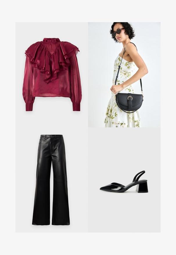 Burgunderfarget, gjennomsiktig bluse med høy volangkrage, lange ermer og lagdelte volanger over brystet og skuldrene. Glatt tekstur.; Sorte høy midje vide ben bukser i imitert skinn med knapp foran, glidelås, beltehemper og sidelommer på hvit bakgrunn.; Svarte patentlær slingback hæler med spiss tå og geometrisk blokk hæl. Har et stilrent, minimalistisk design og jevn tekstur.; Svart lærveske med en buet form, avtagbar stropp og gullbeslag. Vesken har et klaff med spenne-detall.