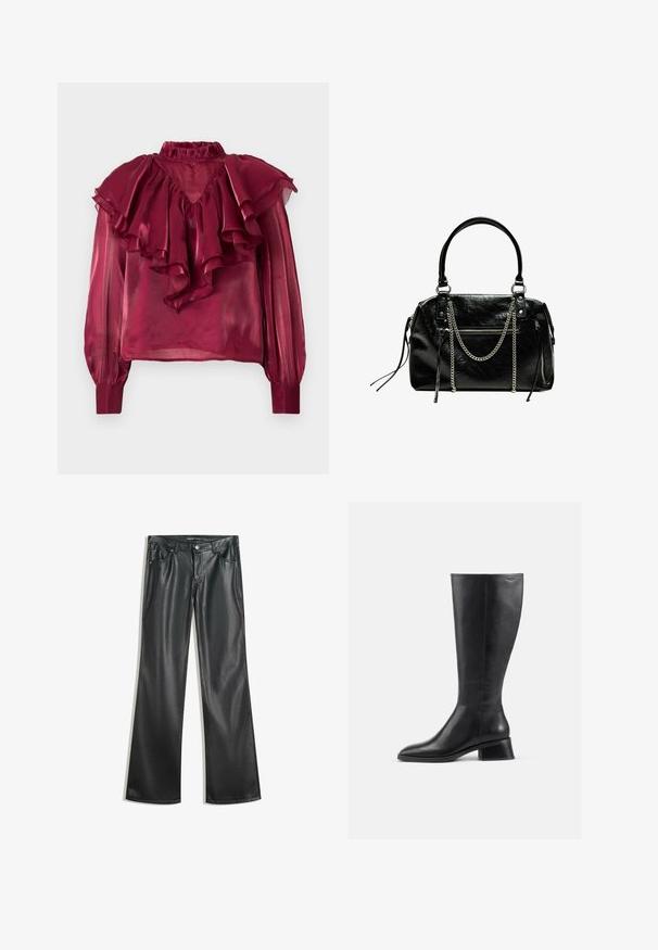 Burgunderfarbene transparente Bluse mit hohem, gerafftem Kragen, langen Ärmeln und geschichteten Rüschen über der Brust und den Schultern. Glatte Textur.; Schwarze Kunstleder-Hose mit weitem Bein, glatter Textur, Fünf-Taschen-Design, Frontreißverschluss und kontrastierenden Nähten.; Schwarze Lederstiefel bis zur Knee mit abgerundeter Spitze und niedrigem Blockabsatz. Verfügt über eine glatte Oberfläche und minimale Nahtdetails.; Bershka WITH CHAIN - Handtasche - black