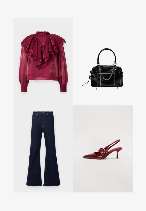 Burgundy läpinäkyvä pusero, jossa on korkea röyhelökaulus, pitkät hihat ja kerrokselliset röyhelöt rinnassa ja olkapäillä. Sujuva pinta.; Tummansininen levenevä farkkuhousut, joissa on korkea vyötärö, etutaskut ja kultaiset ommellekoristeet. Suora tekstuuri ja perinteinen leikkaus.; Punaiset patenttalahkeet slingback-korkokengät, joissa on terävä kärki, kaksi solkiverkkoa ja kapea, keskipituinen stiletto-korko. Sileä pinta.; Bershka WITH CHAIN - Käsilaukku - black
