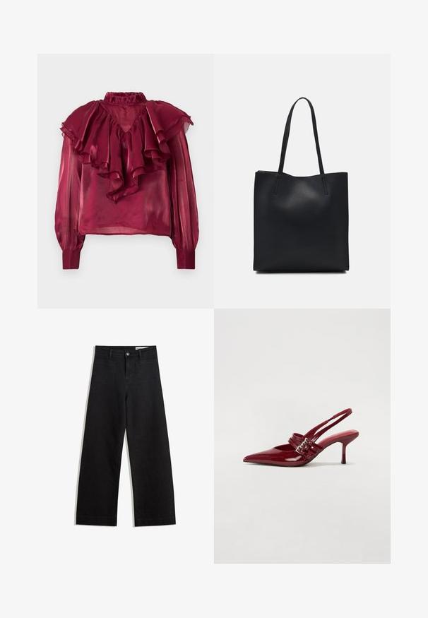 Burgundi áttetsző blúz magas fodros gallérral, hosszú ujjal és réteges fodrokkal a mellkason és a vállakon. Simaság jellemzi.; Fekete, bő szabású farmernadrág magas derékkal, elülső és hátsó zsebekkel, varrott felületekkel és gombos záródással. Sima textúra.; Piros lakkbőr slingback sarokcipő, hegyes orral, két csatoló pánttal és vékony, közepes magasságú stiletto sarokkal. Simább textúrájú.; Fekete bőrtáska sima felszínnel, téglalap alakú, két hosszú füllel. Nincs látható fémkiegészítő vagy díszítés.