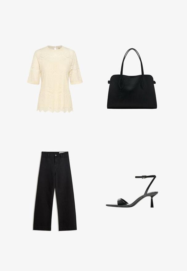 Krémový čipkovaný top s krátkymi rukávmi, okrúhlym výstrihom a vlnitým lemom, s nádhernými textúrovanými vzormi po celom povrchu.; Čierne denimové nohavice s širokými nohavicami a vysokým pásom, so prednými a zadnými vreckami, šitými švami a zapínaním na gombík. Hladká textúra.; Bershka Sandále na vysokom opätku - black; Čierna kožená kabelka s dvojitými popruhmi na rameno, obdĺžnikový tvar a minimalistický dizajn na bielom pozadí.