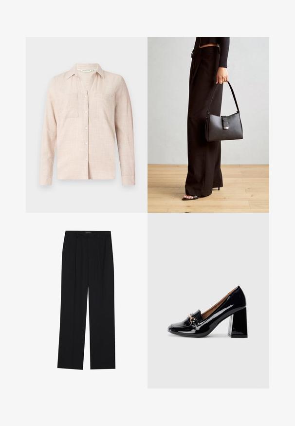Helles beiges Hemd mit Knopfleiste und lässiger Passform. Verfügt über zwei Fronttaschen, ein dezentes Karomuster und einen klassischen Kragen.; Schwarze Hose mit geradem Bein, ausgestattet mit zwei frontalen Taschen und einem Taillenbund. Hergestellt aus einem glatten, leichten Stoff.; Schwarzer Lackleder-Pumps mit spitzer Zehenform und Blockabsatz. Verfügt über einen dekorativen Riemen und eine Schnallendetail auf dem Vorderblatt.; Schwarze Handtasche mit strukturierter Form, glatter Textur und einem metallischen Verschluss. Kombiniert mit weiten schwarzen Hosen und offenen Sandalen auf einem Holzboden.