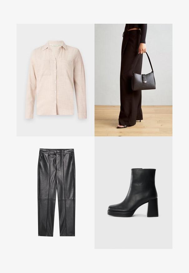 Svijetlosmeđi košulja s dugim rukavima i opuštenim krojem. Sadrži dva prednja džepa, suptilan karirani uzorak i klasičan ovratnik.; Crne kožne hlače s glatkom teksturom, ravnog kroja, s dva prednja džepa i vidljivim šavovima.; Crna kožna čizma do gležnja s blok petom i platformom, prikazana s bočne strane na jednostavnoj bijeloj pozadini.; Crna torba s oblikom koji sadrži strukturu, glađu teksturu i metalnu kopču. Uparena s širokim crnim hlačama i sandalama na otvorenom s drvenog poda.