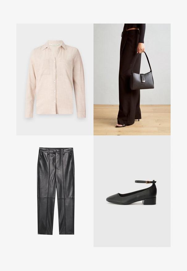 Light beige button-up shirt with a relaxed fit. Features two front pockets, a subtle checkered pattern, and a classic collar.; Black leather trousers with a smooth texture, featuring a straight fit, two front pockets, and visible seam detailing.; Black leather pump with a pointed toe and a low block heel. Features an ankle strap with a gold-tone buckle. Smooth texture.; Black handbag with structured shape, smooth texture, and a metallic clasp. Paired with wide black pants and open-toe sandals on wooden floor.