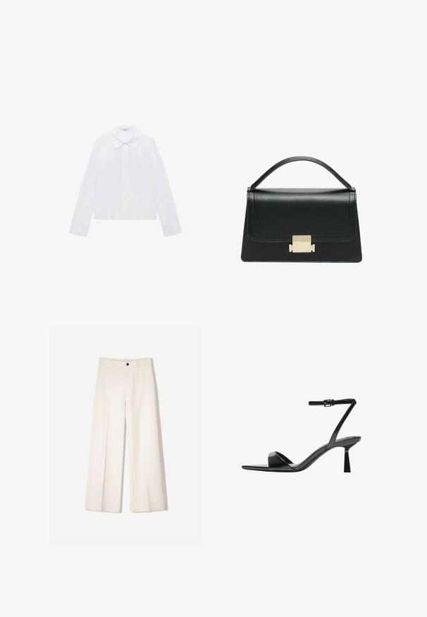 Biele tričko s dlhým rukávom, ktoré má klasický golier, centrálny gombíkový priehľad a hladkú tkaninu s mierne skráteným lemom.; Krémové široké nohavice s nohavicami na mieru, s dvoma prednými vreckami a jedným predným zapínaním na gombík, vyrobené z hladkej tkaniny.; Bershka Sandále na vysokom opätku - black; Čierna kožená kabelka so štruktúrovaným prevedením, horným madlom a detailom zlatého kovového uzáveru na prednej strane. Hladká textura, minimálne šitie.