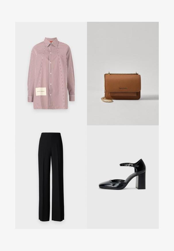 Wzorzysta koszula z długim rękawem w czerwono-białe paski, z kołnierzykiem oraz naszywką z koordynatami na dolnej lewej stronie.; Czarne spodnie o szerokim kroju, o gładkiej fakturze, z wysokim stanem i centralnymi kantami. Brak widocznych wzorów lub detali metalowych.; Czarne lakierowane szpilki z kwadratowym noskiem, paskiem na kostkę i masywnym obcasem. Zawierają perforowane detale na krawędzi.; Brązowa skórzana torba na ramię z teksturą, z złotym łańcuszkiem i zapięciem na klapkę. Z przodu znajduje się detal z logo oraz kieszeń pod klapką.