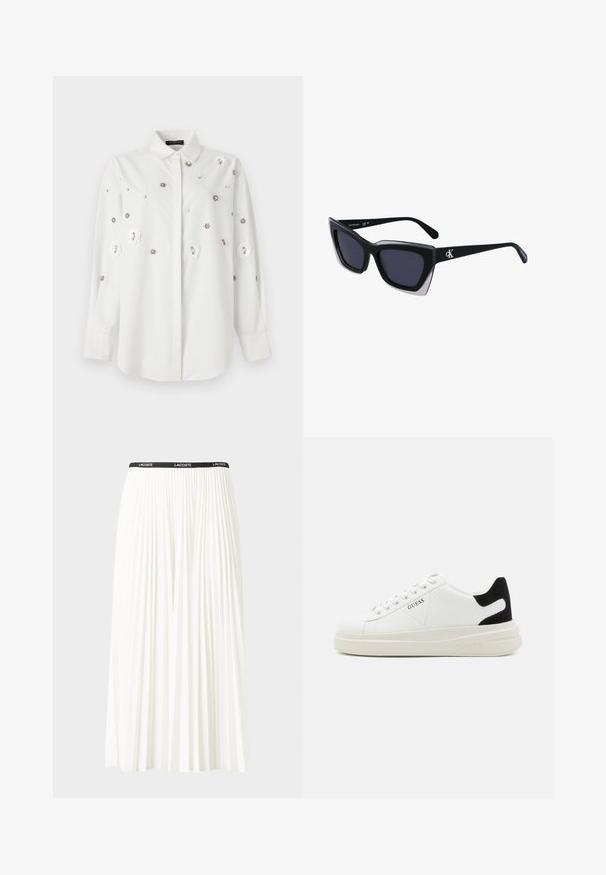 Bela srajca z dolgimi rokavi in ovratnikom, okrašena s cvetličnimi aplikacijami in dekorativnimi bleščicami. Gladek material s prileganjem po meri.; Gubasta bela krila z črnim elastičnim pasom, ki nosi logotip "LACOSTE". Srednje dolga zasnova z mehkobo tkanine.; Bele usnjene športne copate z debelim belim podplatom, črnimi semišnimi detajli na peti in utisnjenim logotipom na strani. Zavezovanje s šestimi luknjicami.; Črne prevelike sončne očala geometrijske oblike, z temnimi lečami in kontrastno sivo podrobnostjo na okvirju. Logo na ročaju.