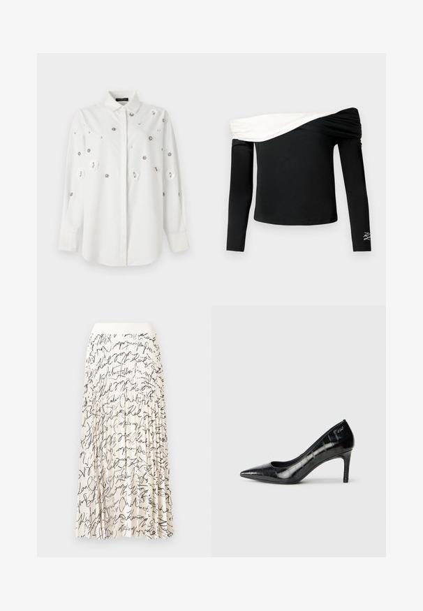 White long-sleeve shirt with a collar, featuring floral appliqués and decorative sequins. Smooth fabric with a tailored fit.; Black long-sleeve off-shoulder top with white folded draped detail across the chest and small white embroidered design on left sleeve.; Pleated midi skirt in cream with black cursive text patterns, featuring a smooth waistband and flowing fabric for ease of movement.; Black pointed-toe high heels with a glossy finish and subtle textured pattern. Features a moderate heel and open throat design.