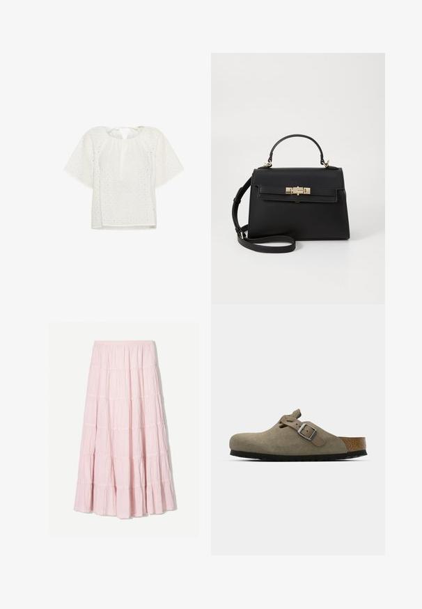 Blusa bianca con maniche corte, motivo a griglia testurizzato e apertura a chiave sul retro con chiusura a nastro. Realizzata in tessuto leggero.; Gonna maxi a strati color rosa chiaro, realizzata in un tessuto leggero e testurizzato. Vita elastica e orlo fluente con dettagli arricciati.; Zoccoli in suede di un verde oliva chiaro con una soletta in sughero e gomma sagomata. Presentano una cinghia laterale con fibbia metallica e una punta arrotondata.; Borsa a tracolla in pelle nera con design strutturato, manico superiore, tracolla removibile e dettagli in metallo dorato. Presenta una chiusura a gancio sul davanti.