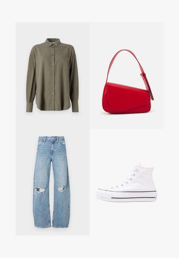 Camisa de mangas longas verde-azeitona feita de tecido suave. Apresenta um fecho de botões à frente, colarinho e um único bolso no peito. Design de corte reto.; Jeans de lavagem clara, de cintura alta, feitos de denim. Apresentam pernas largas, duas áreas rasgadas nos joelhos e o estilo clássico de cinco bolsos.; Sapatilha alta de tela branca com sola de borracha preta, bico de borracha na frente e seis ilhós para os atacadores, apresentando um design limpo e minimalista.; Bolsa de mão em couro vermelho com um design angular e geométrico. Apresenta uma única alça ajustável e um fecho com aba, com detalhes cosidos.