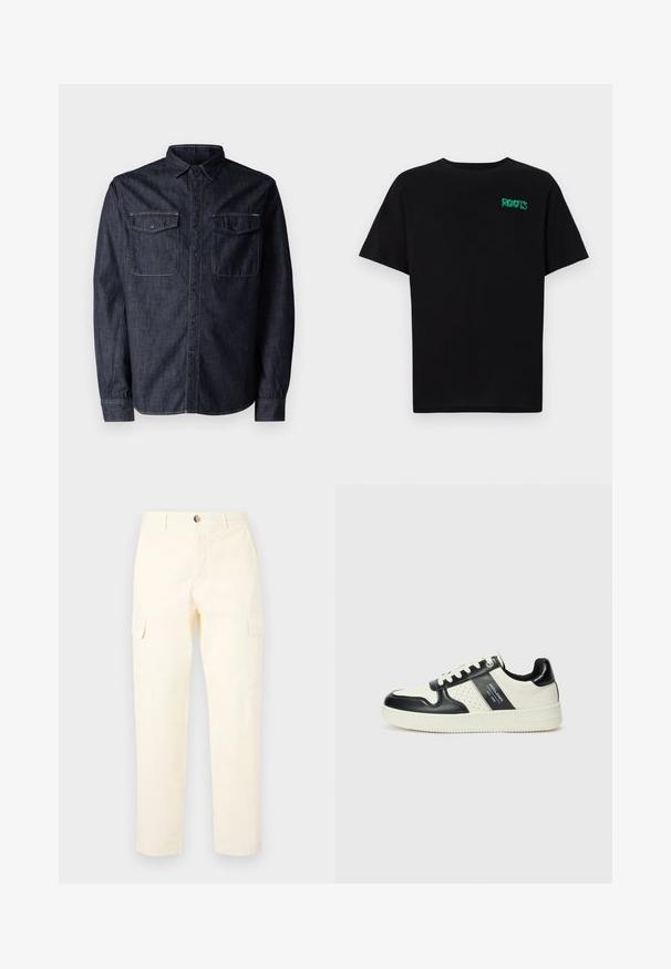 Replay Camisa - dark blue; Camiseta negra de algodón con mangas cortas. Presenta un logo verde "ROOTS" en el frente, escote redondo y corte estándar.; Pantalones cargo amarillos claros de algodón, con bolsillos laterales y un diseño de pierna recta, con un cierre de botón en la cintura.; Zapatillas de cuero con un esquema de colores negro y crema, que cuentan con acentos perforados, un collar acolchado y una suela texturizada.