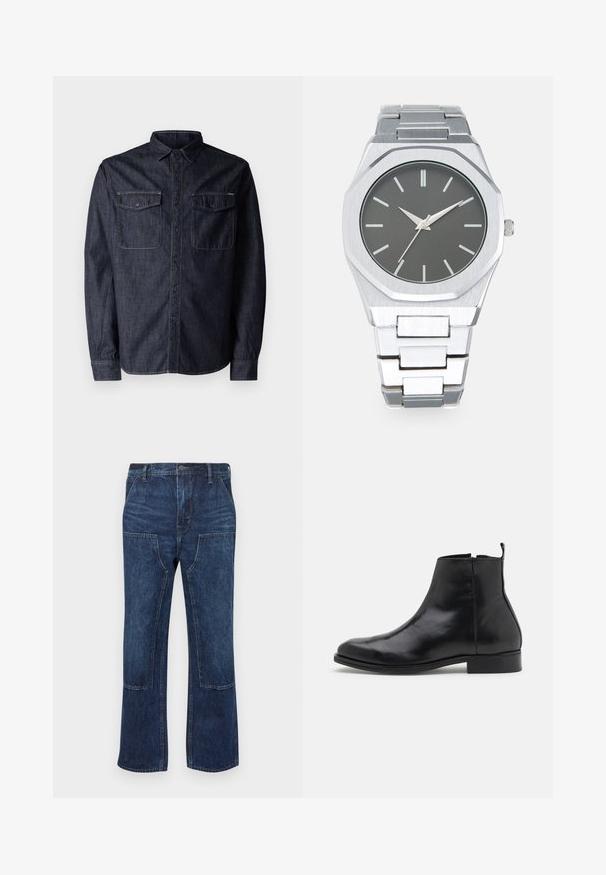 Replay Camicia - dark blue; Jeans in denim blu scuro con una vestibilità comoda, design a gamba larga e tasche applicate sul davanti. Texture liscia con dettagli di cucitura minimi.; Zign LEATHER - Stivaletti - black; Orologio analogico argento con cassa ottagonale, quadrante grigio, indicatori delle ore argentati e bracciale in acciaio inossidabile. Design minimalista con texture liscia.