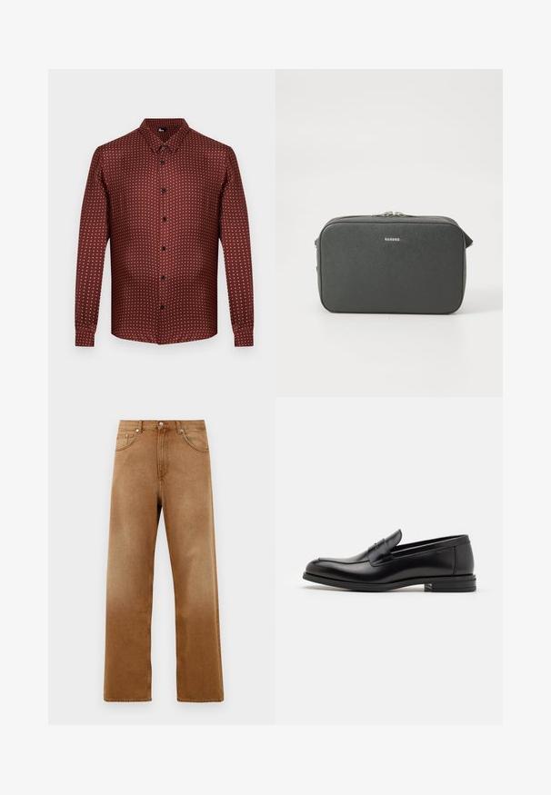 Bordová košela na gombíky s textúrovanou látkou, ktorá obsahuje krémový vzor bodiek. Dlhé rukávy a tradičný dizajn goliera.; Hnedé denimové široké nohavice s vysokým pásom, obsahujúce dve predné vrecká, zapínanie na gombík a jemnú textúru. Žiadne viditeľné vzory ani akcenty.; Čierne kožené mokasíny s hladkou textúrou, zaoblenou špičkou a dekoračným pásikom cez priehlavok. Nízky vrstvený opätok, minimalistický dizajn.; Čierna textúrovaná obdĺžniková kabelka cez telo so strieborným dvojitým zipsom a malým logom "Sandro" umiestneným na prednej strane.