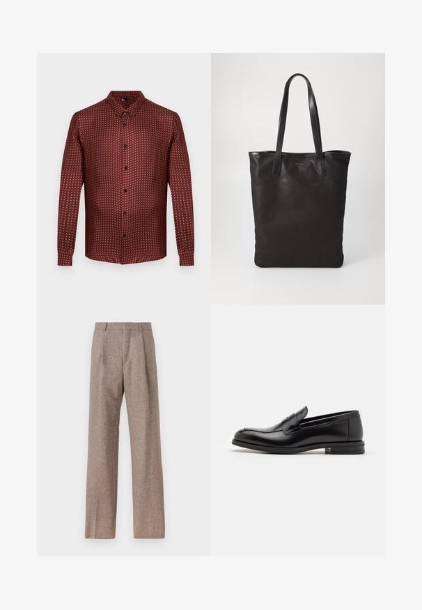 Bordová košile s dlouhým rukávem, z texturované látky, s vzorem puntíků v krémové barvě. Obsahuje tradiční design límce.; Hnědé kalhoty s vysokým pasem vyrobené z texturované látky. Mají široké nohavice a dva přední sklady pro strukturu. Úhledné provedení bez viditelné kovových částí.; Černé kožené polobotky s hladkou texturou, zaoblenou špičkou a zdobným páskem přes nárt. Nízký stohovaný podpatek, minimalistický design.; Černá plátěná taška s černými koženými uchy. Jednoduchý design, prostorné tělo a hladký povrch. Žádné viditelné loga ani vzory.