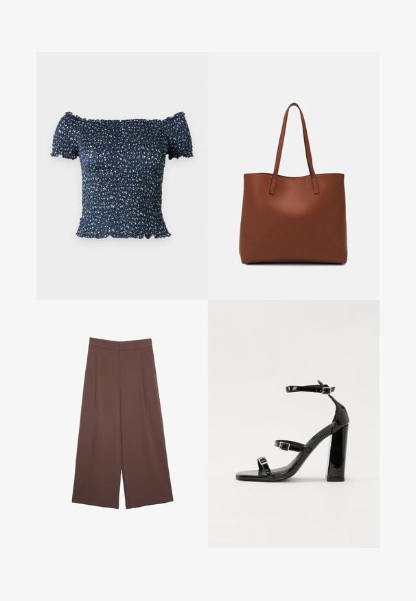 Marinblus med off-shoulder design, gjord av smockad tyg, med ett blommönster som har små vita och gröna blommor. Mjuk textur, korta ärmar.; Bruna vida byxor med en slät textur, som har hög midja och framfickor. Tyget är lätt och flödar löst.; Svarta lackerade högklackade sandaler med två spännband, fyrkantig tå och en tjock klack, med en slät och glansig yta.; Brun läder tote-väska med en slät textur, öppen toppdesign och två axelremmar. Har minimal söm och ingen synlig metalldetalj.