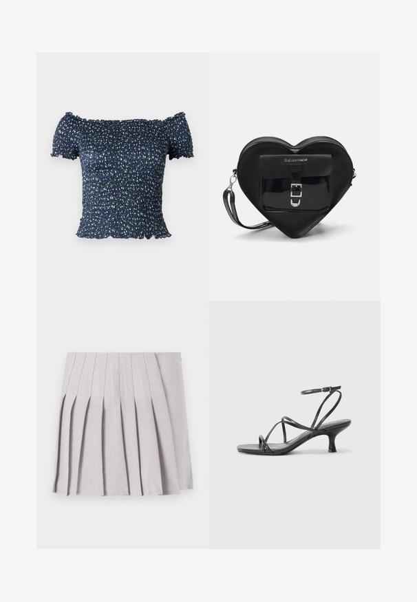 Top bleu marin, off-the-shoulder, din țesătură smock, cu un model floral ce include mici flori albe și verzi. Textură moale, cu mâneci scurte.; Fustă plisată gri, cu o textură netedă, având multiple plii verticale și o talie ajustată. Fabricată din material ușor.; Sandale negre cu toc înalt, cu curele subțiri, design cu vârf deschis și un toc mic, evazat. Materialul pare neted și lucios.; Geantă de formă inimă, de culoare neagră, realizată din piele lacuită, cu un buzunar frontal dotat cu închidere prin cataramă și o curea detașabilă. Accente din metal argintiu.
