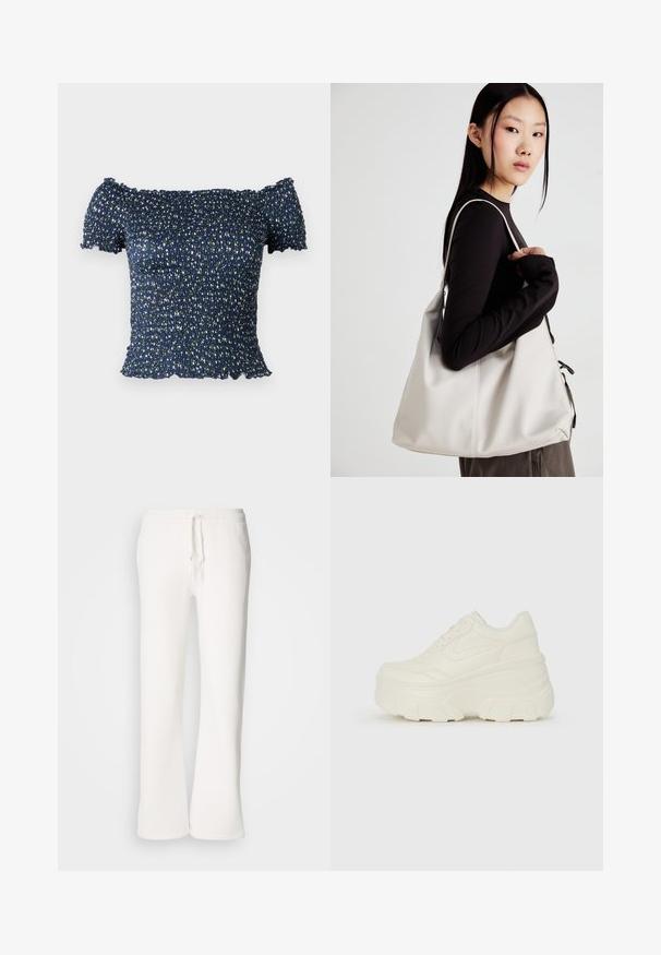 Granatowa bluzka typu off-the-shoulder wykonana z materiału marszczonego, ozdobiona kwiatowym wzorem z małymi białymi i zielonymi kwiatami. Miękka w dotyku, krótkie rękawy.; Białe, luźne spodnie dresowe wykonane z miękkiego materiału, z elastycznym paskiem w talii i prostymi nogawkami.; Białe sneakersy na platformie z gładkim, skórzano przypominającym wierzchem, zaokrąglonym kształtem, wyściełanym kołnierzem oraz teksturowaną gumową podeszwą z wyraźnym bieżnikiem.; Beżowa torebka wykonana z miękkiego materiału, charakteryzująca się luźnym fasonem, wyszywanymi detalami i dwoma uchwytami na ramię. Idealna na co dzień.