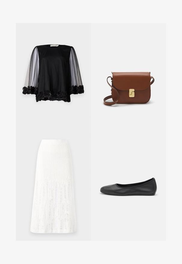 Fekete blúz áttetsző hálós ujjakkal és virágos csipke díszítéssel az alján. Puha anyag, laza fazon és kerek nyakkivágás.; Fehér, rövid ujjú póló ribbed anyagból. Kerek nyakkivágás, normál szabás és diszkrét varrási részletek. Nincsenek minták vagy grafikák.; Fehér kötött midi szoknya, amelynek textúrája függőleges vonalakkal és kivágott részletekkel díszített az alján. Rugalmas derékpánt. Puha anyag.; Fekete bőr balettcipő lekerekített orral, sima tekstúrával, minimális varrással és rugalmas talp kialakítással.; Barna bőr kézitáska, hajtókás zárással, arany színű fém kiegészítőkkel, vállpánttal és sima felülettel. Kompakt téglalap alakú.