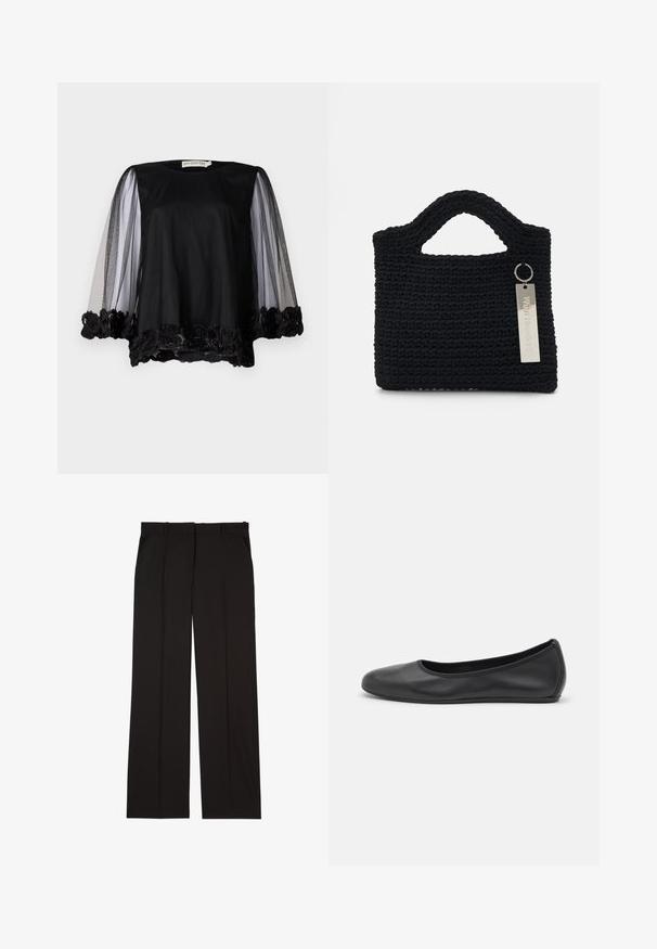 Schwarze Bluse mit transparenten Mesh-Ärmeln und floralem Spitzeabschluss am Saum. Weicher Stoff mit lockerer Passform und rundem Ausschnitt.; Schwarze, maßgeschneiderte Hosen aus einem glatten Stoff, mit geradem Bein und zwei Seitentaschen. Elegante und minimalistische Konstruktion.; Schwarze Leder-Ballettschuhe mit abgerundeter Spitze, glatter Textur, minimalen Nähdetails und einem flexiblen Sohlen-Design.; Won Hundred MARSIELLE COMPUTER BAG UNISEX - Notebooktasche - black