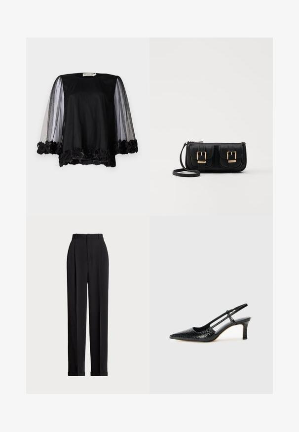 Blusa nera con maniche in rete trasparente e bordo in pizzo floreale. Tessuto morbido con vestibilità ampia e scollo rotondo.; Pantaloni neri su misura a vita alta, con pieghe frontali, design a gamba dritta e orlo con risvolto. Realizzati in tessuto morbido.; Slingback con tacco in vernice nera con punta affusolata, caratterizzato da una stampa a serpente testurizzata, cinturino regolabile e un tacco corto e testurizzato.; Borsa a tracolla nera in pelle con due tasche frontali, fibbie dorate, chiusura con zip e una tracolla sottile. Superficie texturizzata e forma rettangolare compatta.