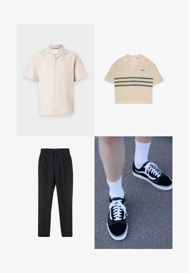 Lühikeste varrukatega heledat beeži värvi nööpidega särk, millel on vertikaalsed valged triibud. Omab klassikalist kraed ja vabamat lõiget, valmistatud pehmest materjalist.; Bež villane polo-särk V-kaelusega, lühikeste varrukatega ja roheliste triipudega rinnas. Omab sinist põimitud logo.; Mustad püksid, millel on voltidega eesmine disain, valmistatud siledast kangast. Omab nup closure ja vöökinnitusauke; sirge jalgade lõige.; Mustad nahkkingad valgete aktsentide ja paeladega, kombineeritud valgete soonikreisidega sokkidega, asetatud tekstureeritud hallile pinnale.