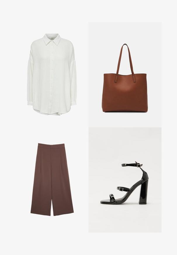 Weißes, zerknittertes Hemd mit Kragen, langen Ärmeln und lockerer Passform, aus strukturiertem Stoff und mit Knopfverschluss auf der Vorderseite.; Braune Weite-Leg-Hosen mit einer glatten Textur, hoher Taille und Vorderfalten. Der Stoff ist leicht und fällt locker.; Schwarze patentierte Sandalen mit Absatz, quadratischer Spitze, Knöchelriemen und silbernen Schnallen. Mit einem stabilen Blockabsatz für mehr Stabilität.; Braune Leder-Tote mit glatter Textur, offenem Oberteil und zwei Schulterriemen. Verfügt über minimale Nähte und keine sichtbaren Beschläge.
