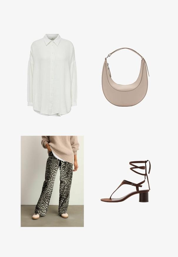 Cămașă albă, șifonată, cu guler, cu mâneci lungi și o croială relaxată, dintr-un material texturat, cu închidere cu nasturi pe față.; Pantaloni largi din țesătură moale cu imprimeu leopard, având talie elastică și o paletă de culori neagră și bej. Asortați cu un pulover bej.; Sandale cu toc înalt din suede maro, cu o curea triangulară pentru degete, legături la glezne și un toc bloc texturat pentru stabilitate.; Geantă de umăr din piele bej, cu o formă de semilună, textură netedă și un singur mânere curbat. Dispune de o închidere cu fermoar și cusături bine realizate.