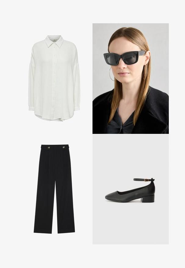 White, crinkled button-up shirt with a collar, featuring long sleeves and a relaxed fit, textured fabric, and button closure down the front.; Black wide-leg trousers with high waist, button details on waistband, and front pleats.; Black leather pump with a pointed toe and a low block heel. Features an ankle strap with a gold-tone buckle. Smooth texture.; Black cat-eye sunglasses with dark lenses, thick frames, and subtle accents. Worn with a black coat and gray top, featuring long straight hair.